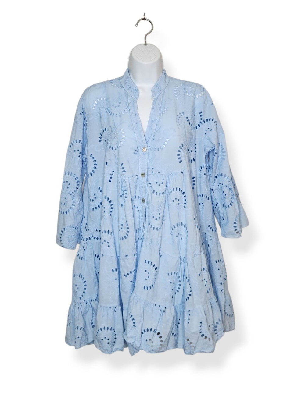 Women's Light Blue Eyelet Embroidered V-Neck Summer Swing Dress